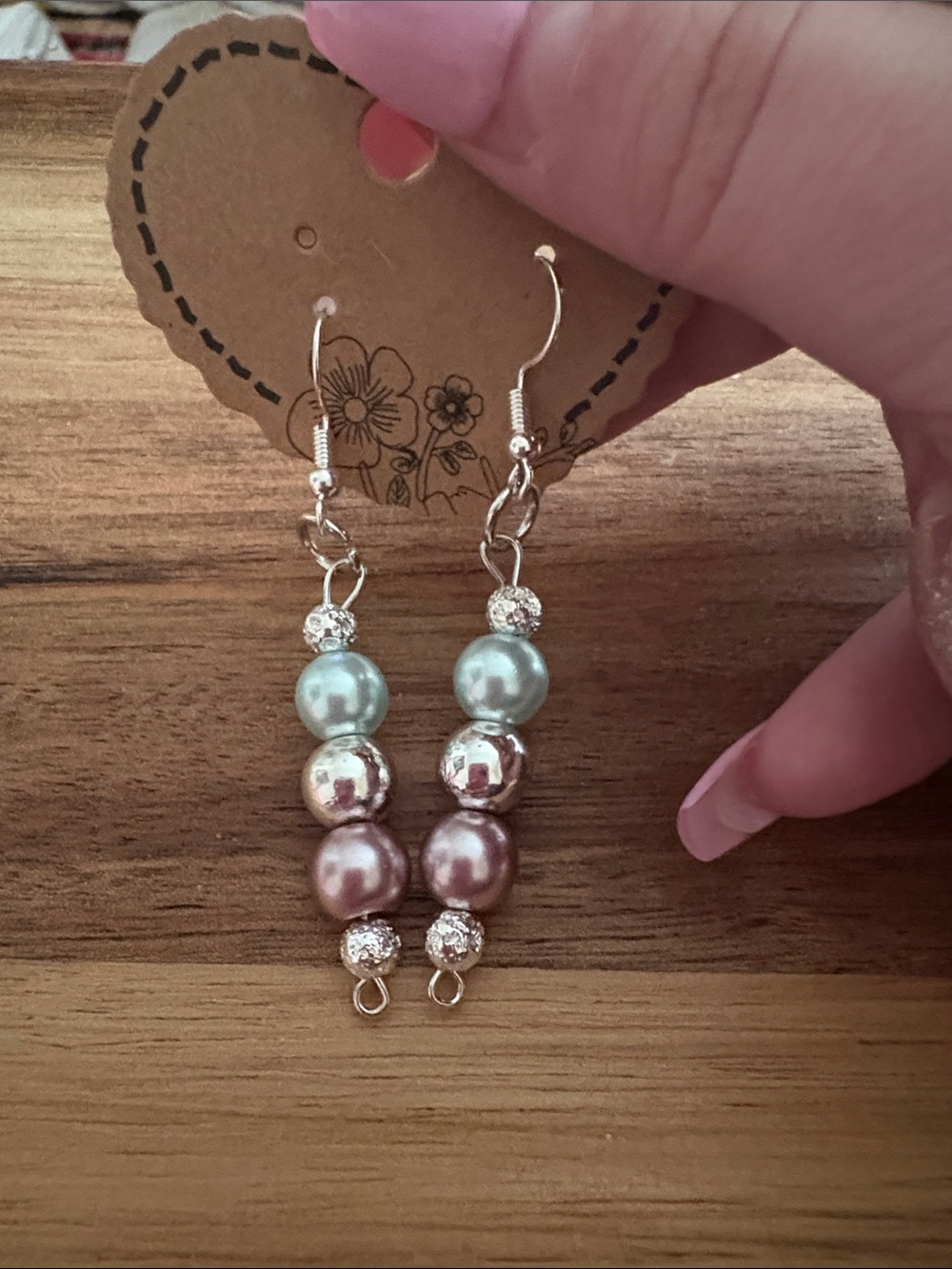 Handmade Elegant Pearl Drop Earrings in Pink & Light Blue